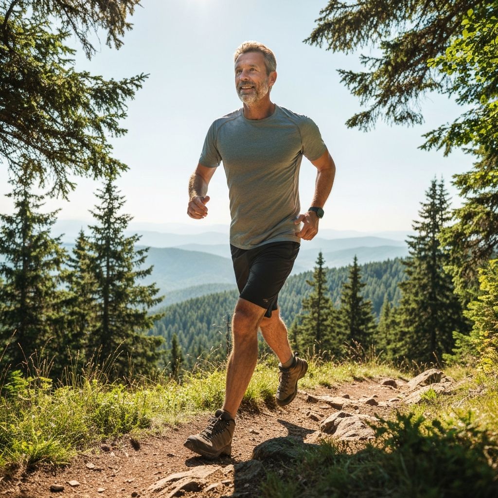 Mature man hiking and exercising outdoors in nature